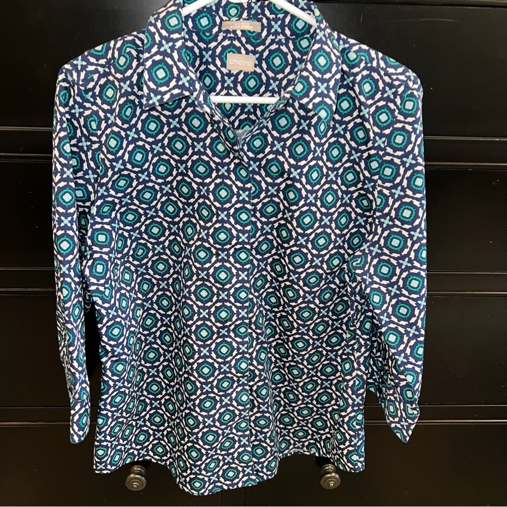 Chico's Women's Non-Iron Stain Shield‎ Blue Green Blouse 3/4 Sleeve